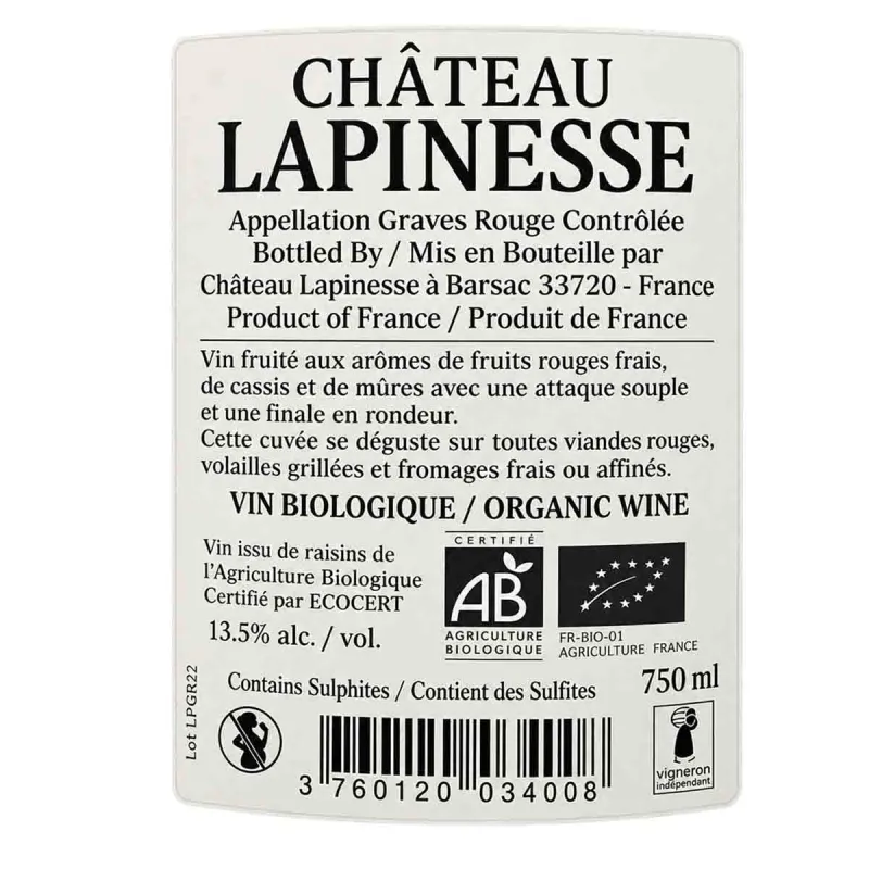 Découvrez cet AOC Graves rouge Château Lapinesse au meilleur prix !