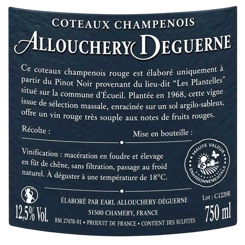 Champagne rouge : Coteaux Champenois 1er Cru - Maison Allouchery-Deguerne 2020 - Vin tranquille de Champagne