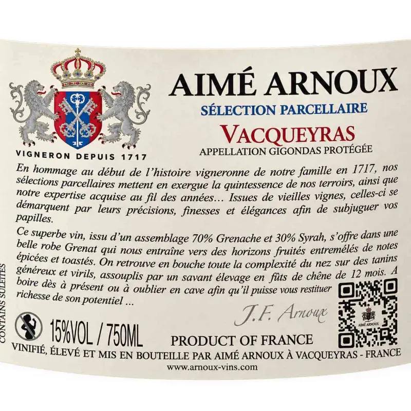 Vacqueyras du Domaine Aimé Arnoux Sélection Parcellaire à prix mini.