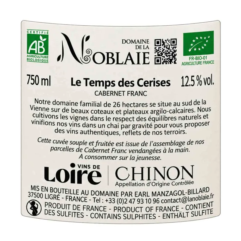 Chinon rouge Le Temps de cerise Domaine de la Noblaie à prix mini.