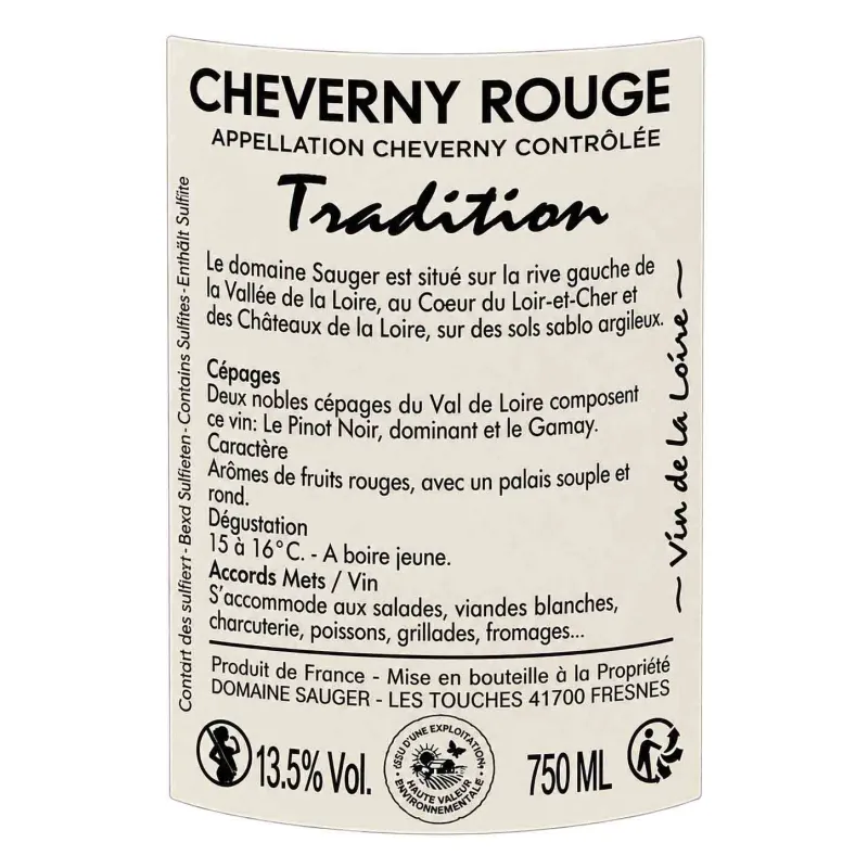 Cheverny rouge Tradition  du Domaine Sauger au meilleur prix livré.