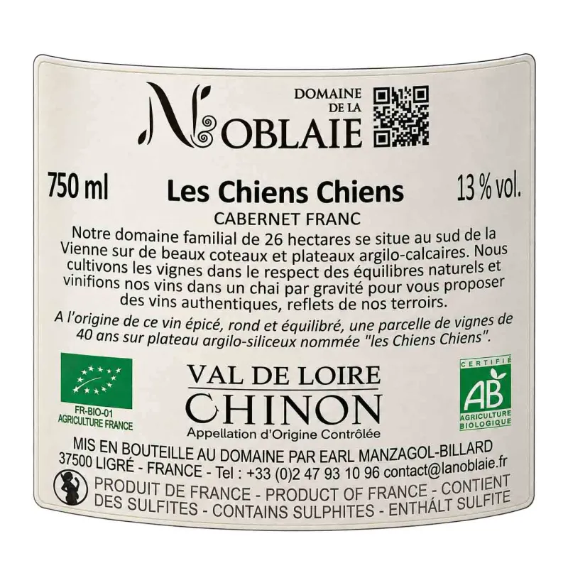 Chinon rouge Les Chiens chiens Domaine de la Noblaie au meilleur prix