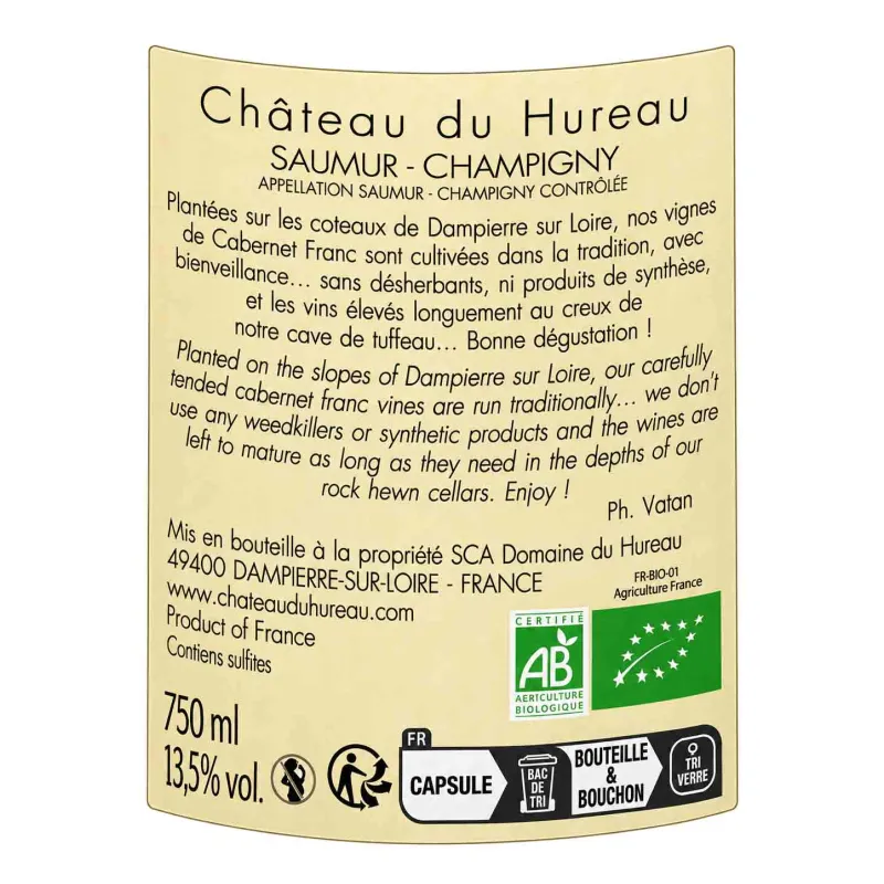 Appellation Saumur Champigny BIO Château du Hureau à prix mini