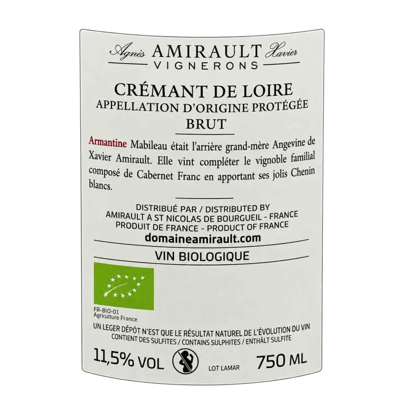 Crémant de Loire Brut Bio Armantine Amirault au meilleur prix