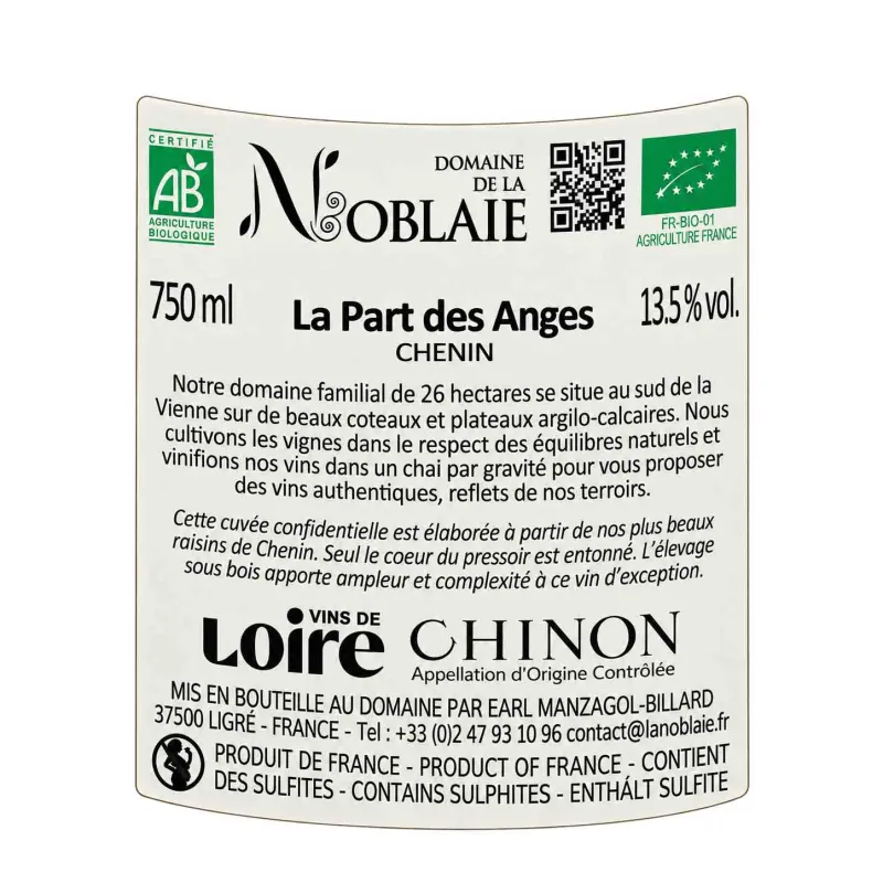 Chinon blanc La Part des Anges du Domaine de la Noblaie au meilleur prix.