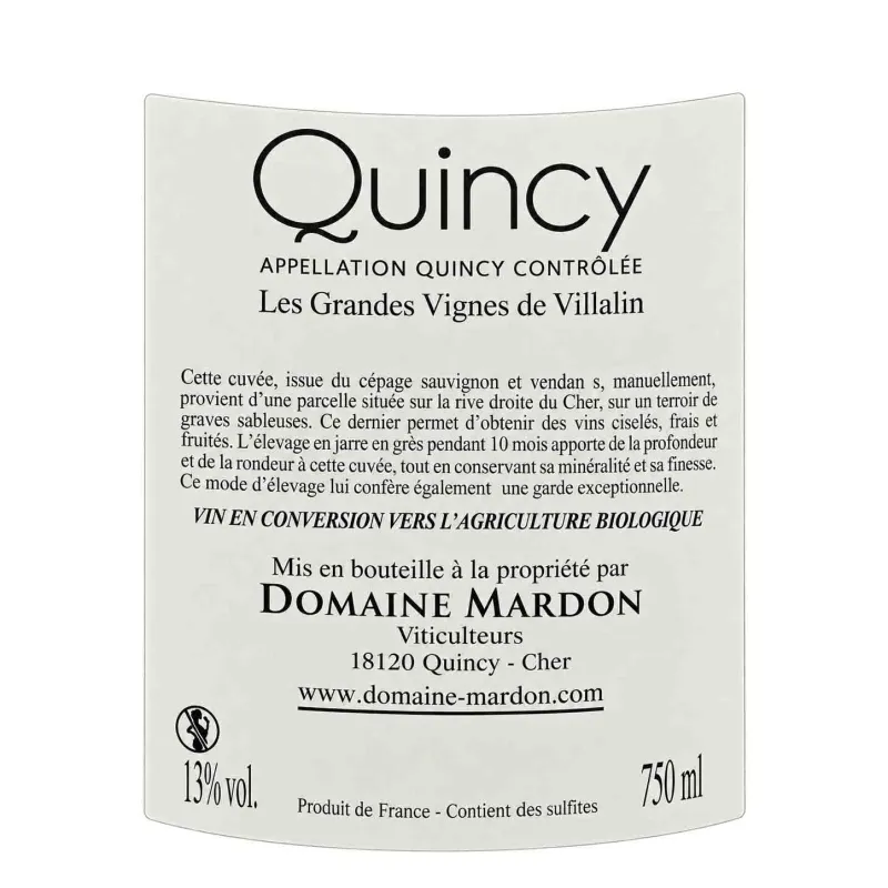 Quincy blanc Les Grandes Vignes de Villalin du Domaine Mardon livré.