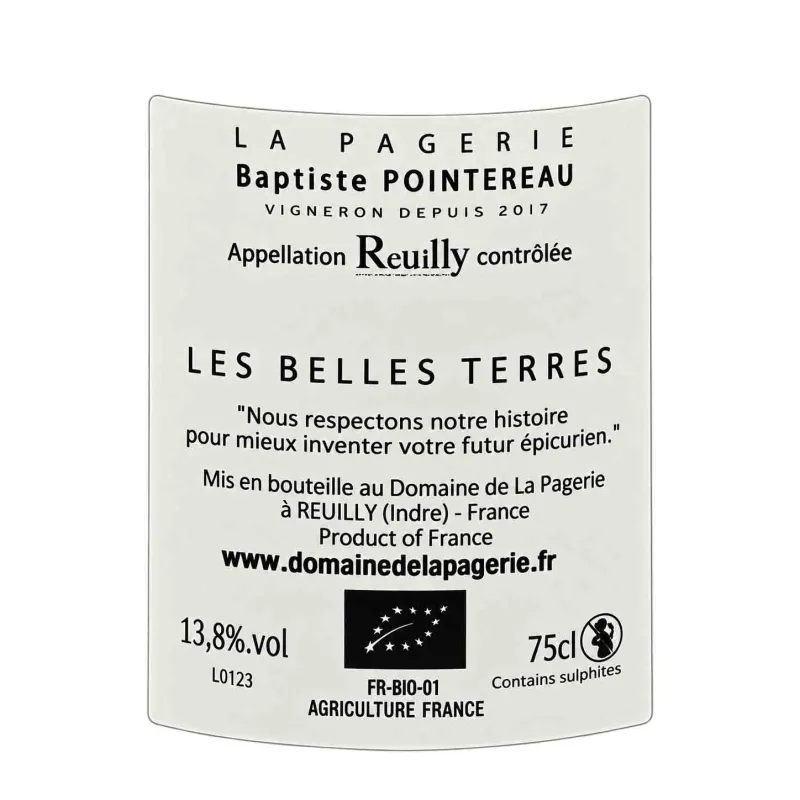 Reuilly blanc bio Les Belles Terres Domaine  de la Pagerie à prix mini