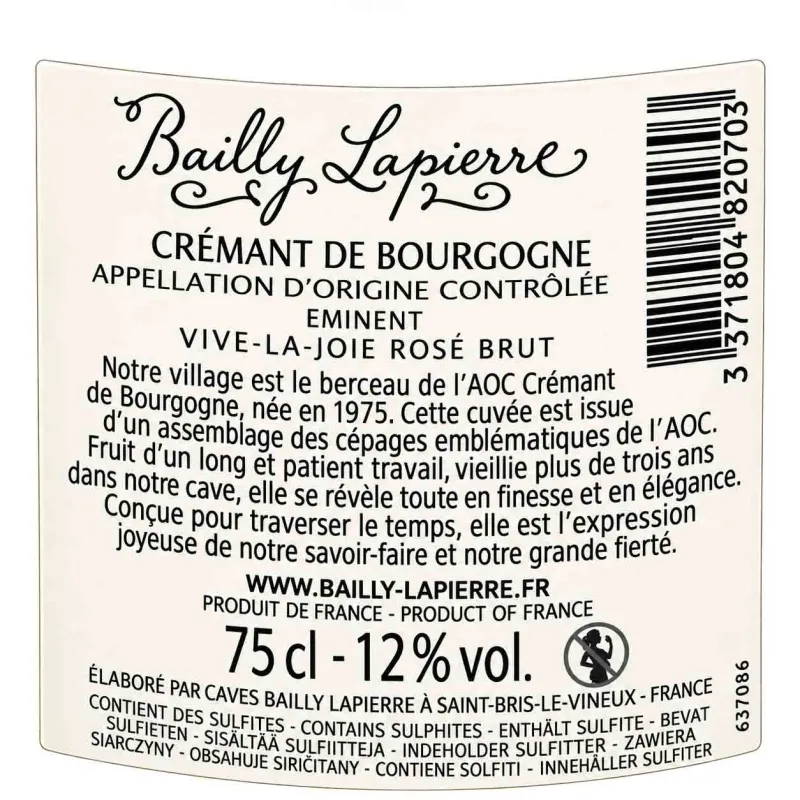 Crémant de Bourgogne Vive La Joie rosé Bailly Lapierre à prix mini