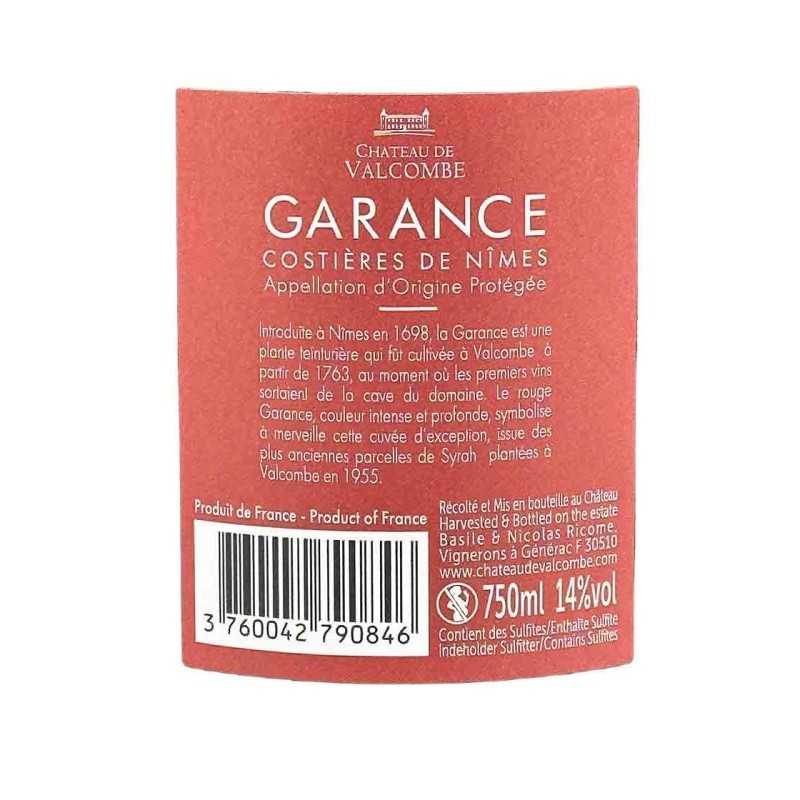 Vin rouge Costières de Nîmes- Garance -Château de Valcombe 75cl