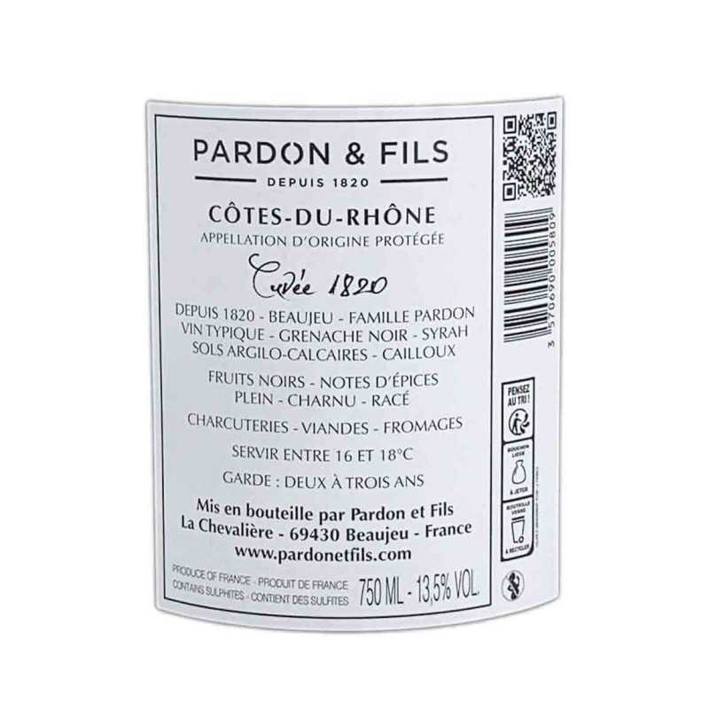 Vin rouge Côtes du Rhône- Cuvée 1820- Pardon & Fils 75cl