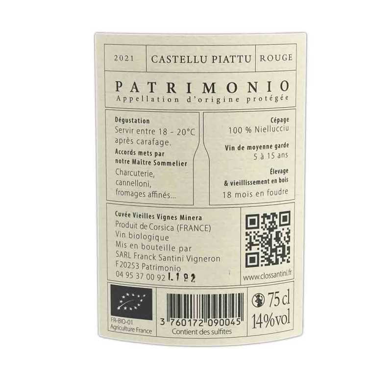 Vin rouge Corse - AOP Patrimonio Vieilles Vignes Rouge BIO- Minera - Castellu Piattu 75cl