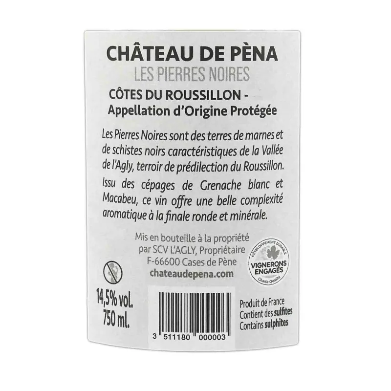 Vin blanc Côtes du Roussillon Pierre Noires de Péna au meilleur prix