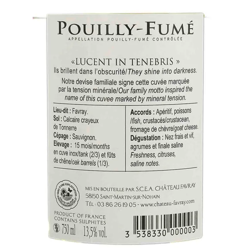 Excellent rapport qualité-prix  : Pouilly Fumé Tenebris Château Favray