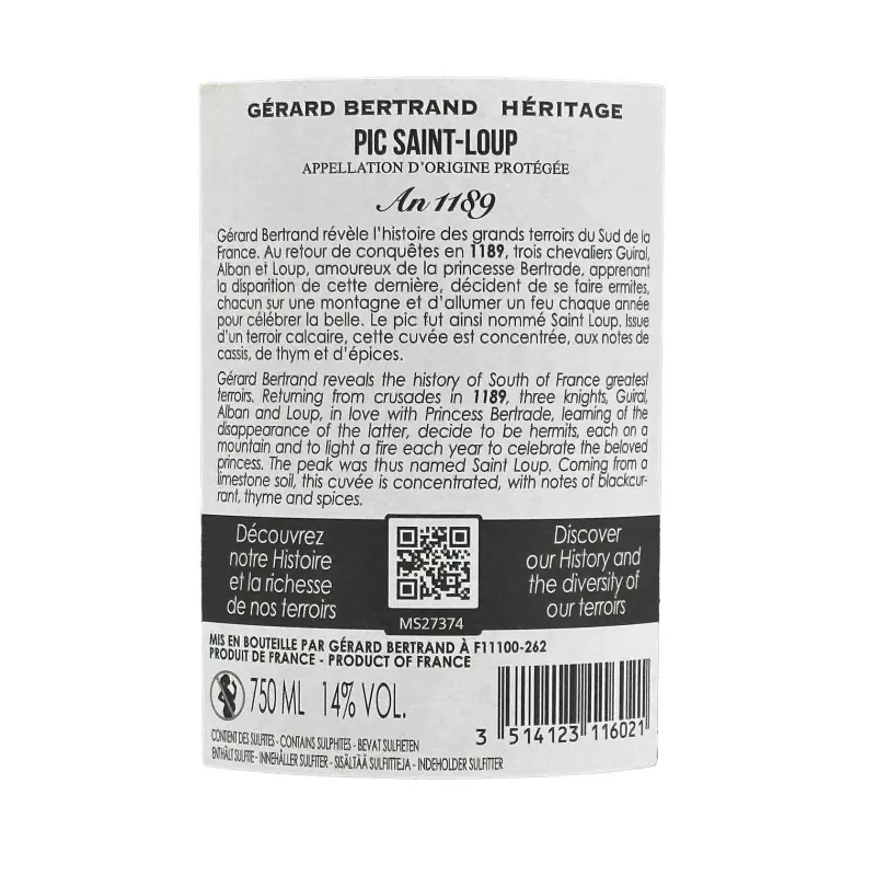 Pic Saint Loup An 1189 - Vin rouge Gérard Bertrand | Achat en ligne