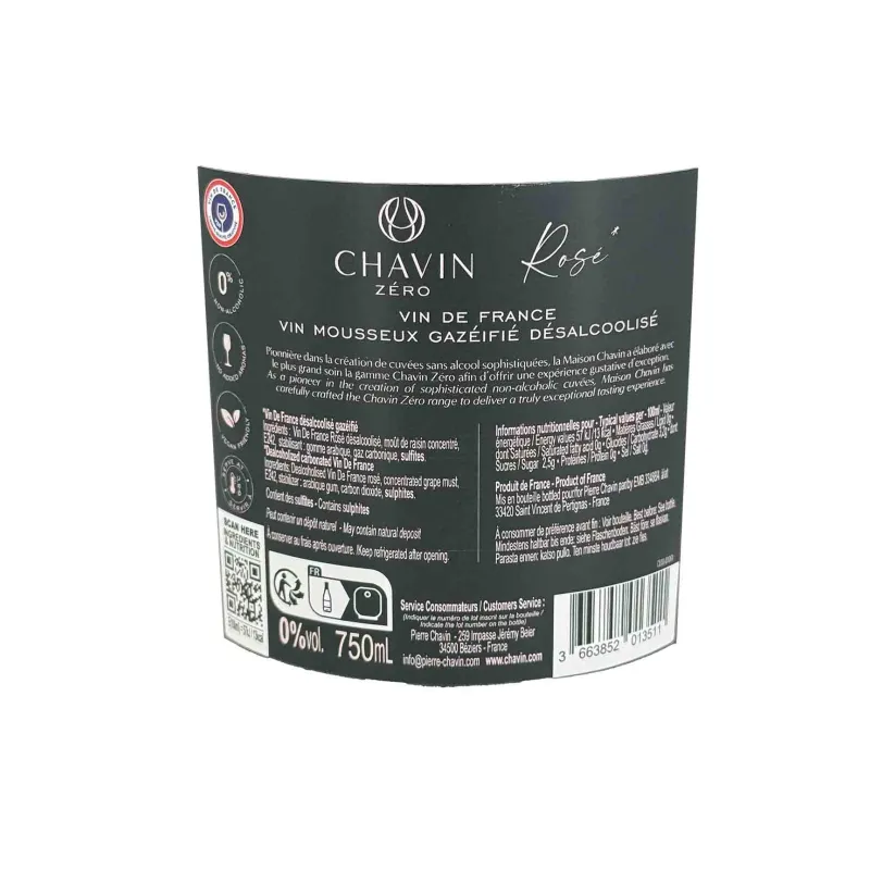 Chavin Zéro Rosé Effervescent 0 % – Vin pétillant rosé sans alcool