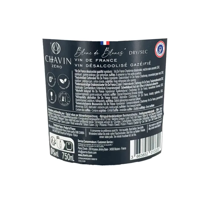 Vin Mousseux Blanc de Blancs 0 % alcool - Chavin Zéro au meilleur prix.