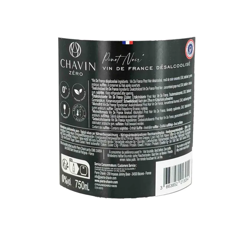 Chavin Zéro Pinot Noir 0 % – Vin rouge sans alcool fin et élégant