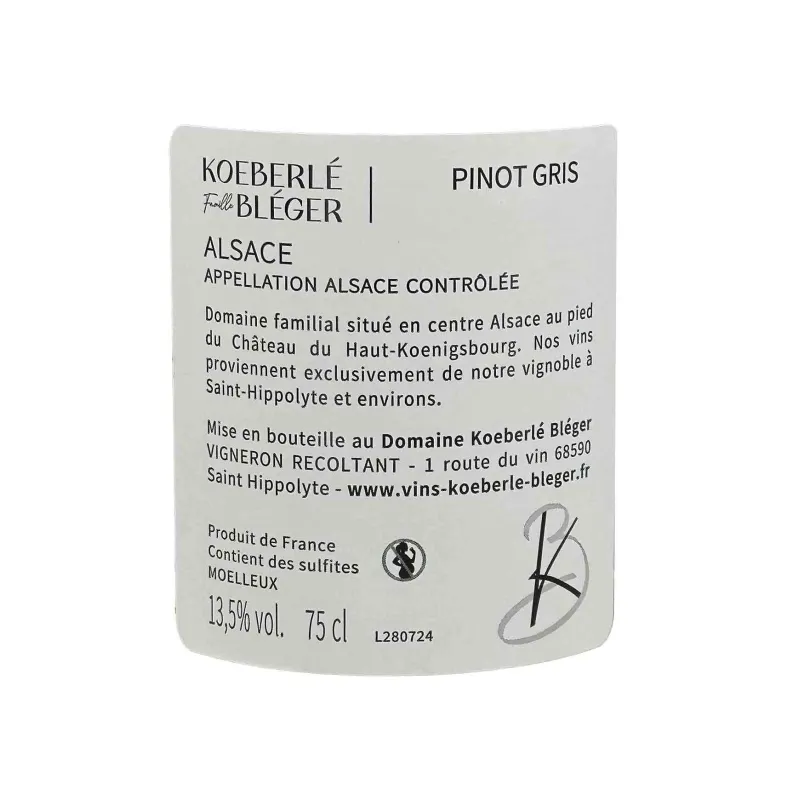 Pinot Gris Koeberlé‑Bléger – Vin blanc d’Alsace moelleux et aromatique