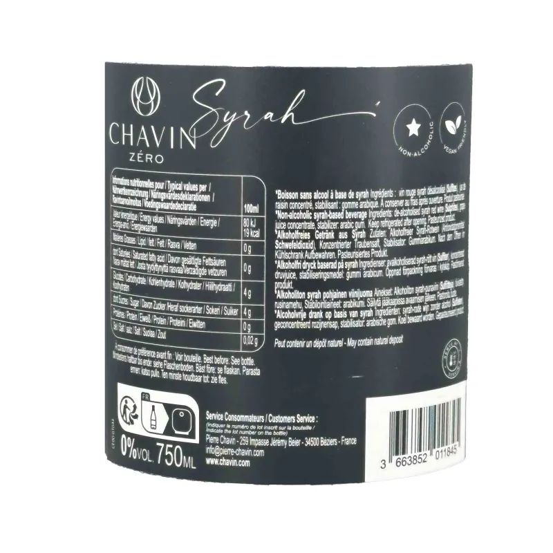 Vin sans alcool rouge Syrah Chavin Zéro  au meilleur prix et livré