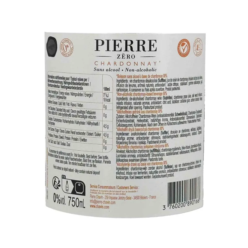 Vin blanc sans alcool Chardonnay Pierre Zéro 0.0% – Blanc sec et frais