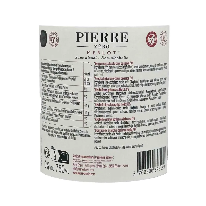 Vin rouge sans alcool Merlot Pierre Zéro 0.0% au meilleur prix.