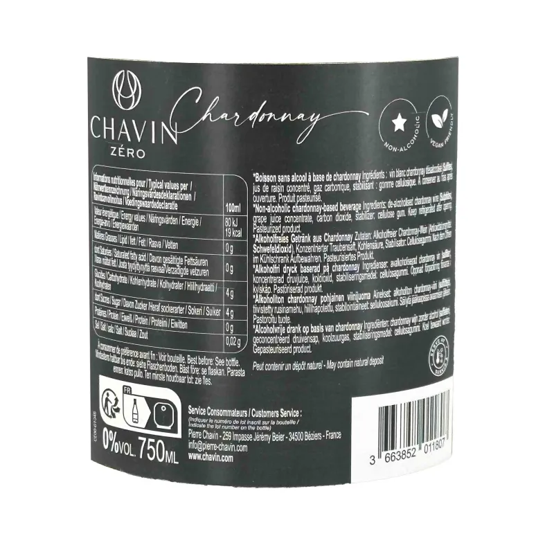 Vin blanc sans alcool Chardonnay Chavin Zéro – Vin fruité sans alcool