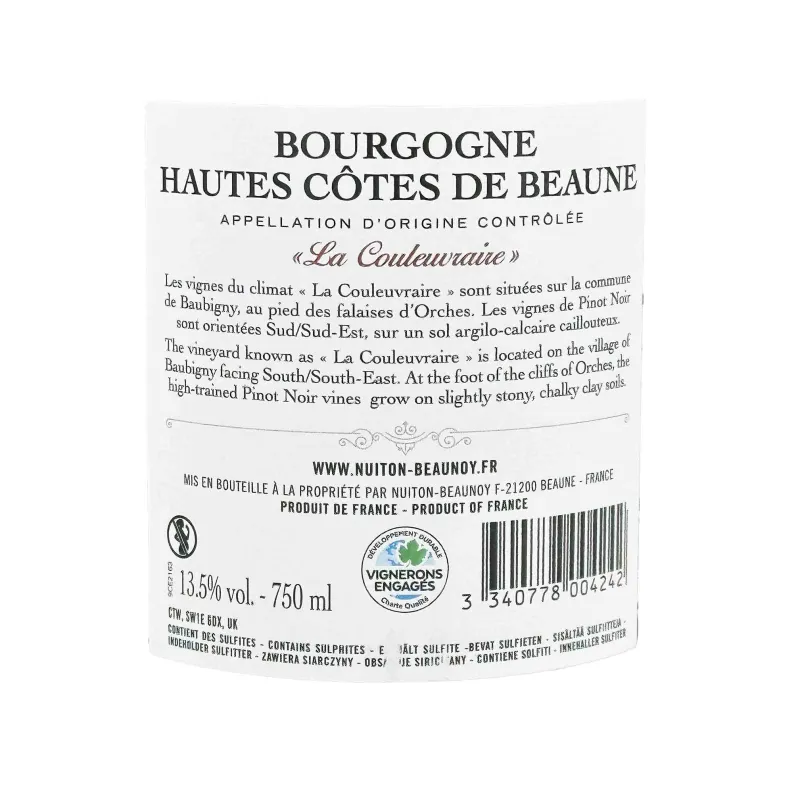 Hautes Côtes de Beaune La Couleuvraire Nuiton Beaunoy à prix mini