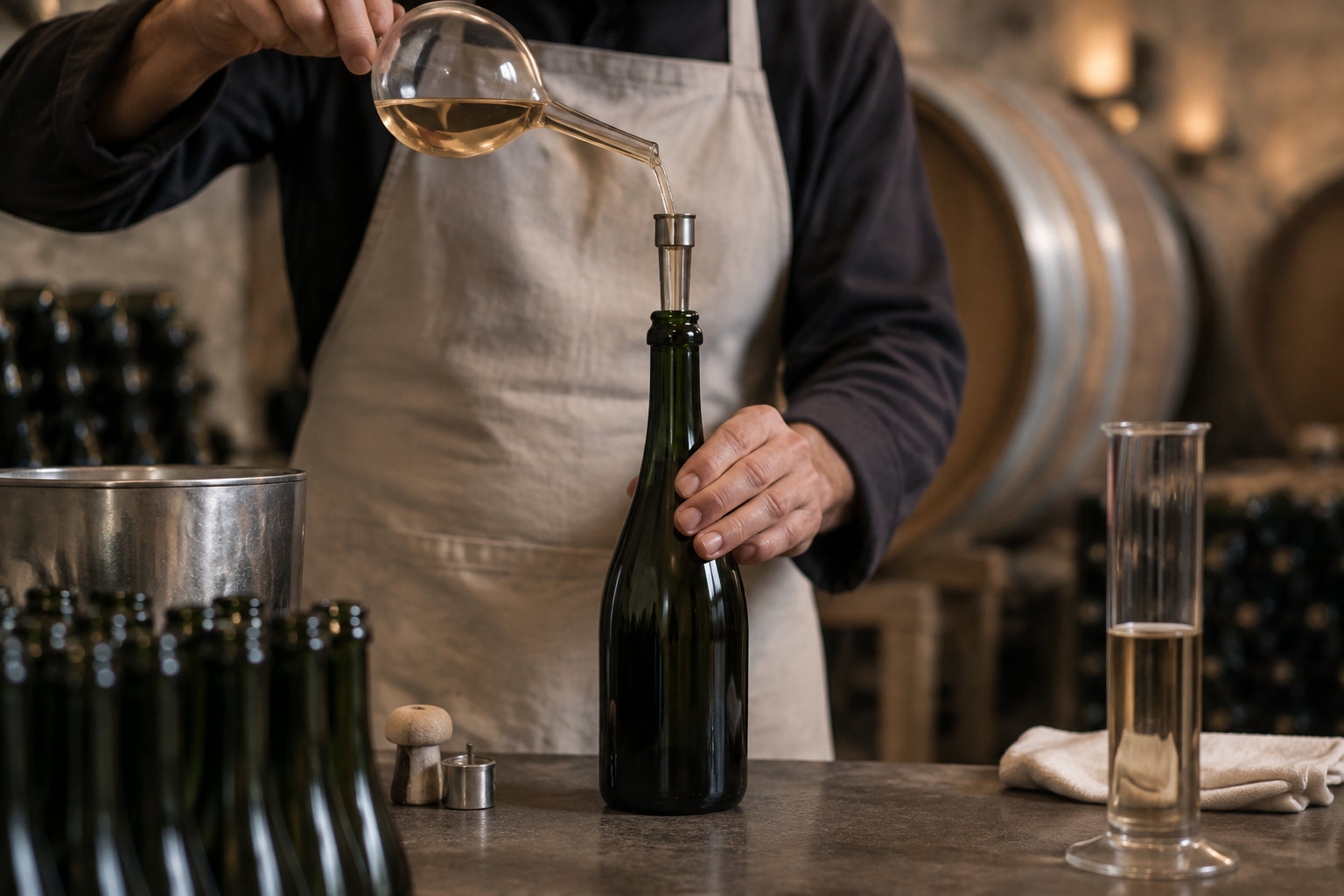 Une personne en tablier verse un liquide ambré d’un récipient en verre dans une bouteille sombre, dans un atelier avec des fûts et d’autres bouteilles.