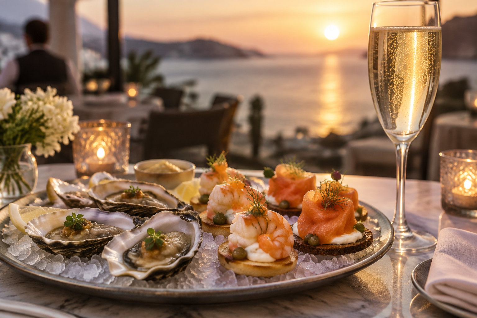 Un plateau de fruits de mer et de bouchées au saumon et aux crevettes est posé sur une table, avec une flûte de vin pétillant devant un coucher de soleil sur la mer.
