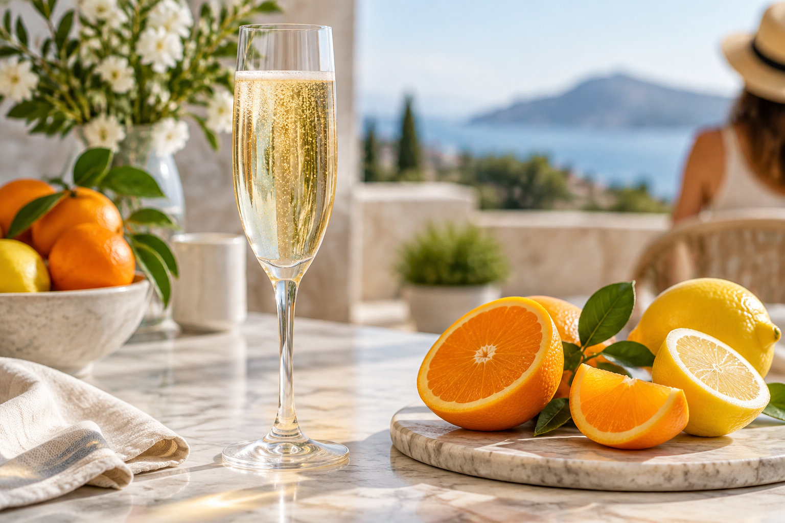 Une flûte de boisson pétillante se tient près d’oranges et de citrons coupés, sur une table en terrasse face à la mer.