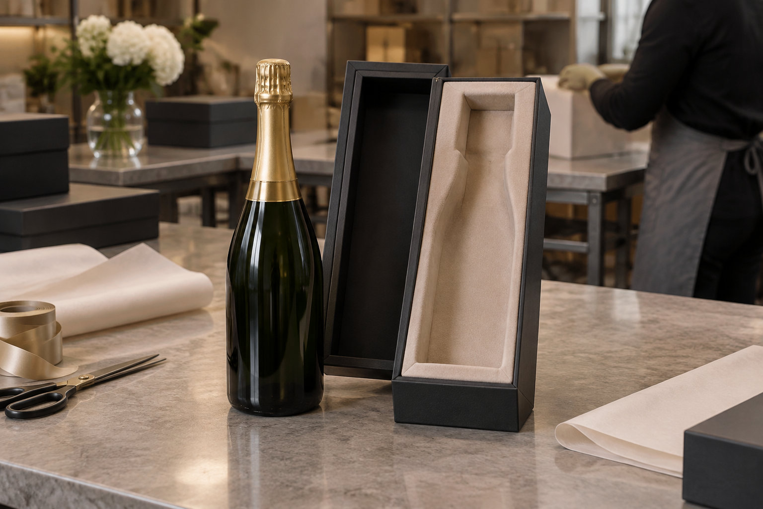 Une bouteille de champagne et un coffret ouvert sont posés sur une table avec du papier de soie, un ruban et des ciseaux, tandis qu’une personne emballe un objet en arrière-plan.