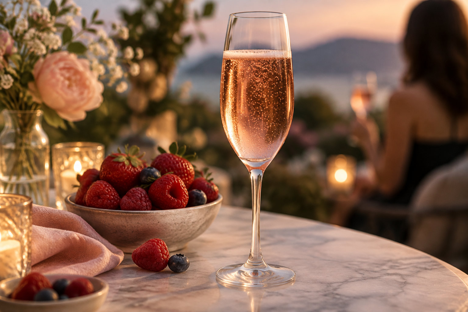 Une flûte de boisson pétillante rosée se trouve sur une table près d’un bol de fruits rouges, de fleurs et de bougies, tandis qu’une personne est assise en arrière-plan.