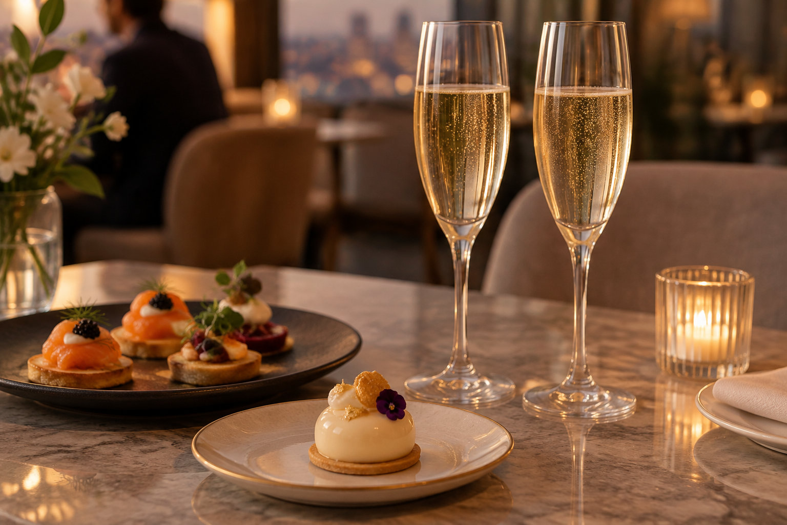 Deux flûtes de vin pétillant, des amuse-bouches et un petit dessert sont disposés sur une table de restaurant éclairée par une bougie.