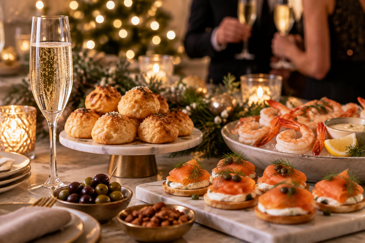 Une table de fête éclairée par des bougies présente des amuse-bouches au saumon, des crevettes, des petits pains, des olives et une flûte de vin pétillant, tandis que deux personnes trinquent en arrière-plan.
