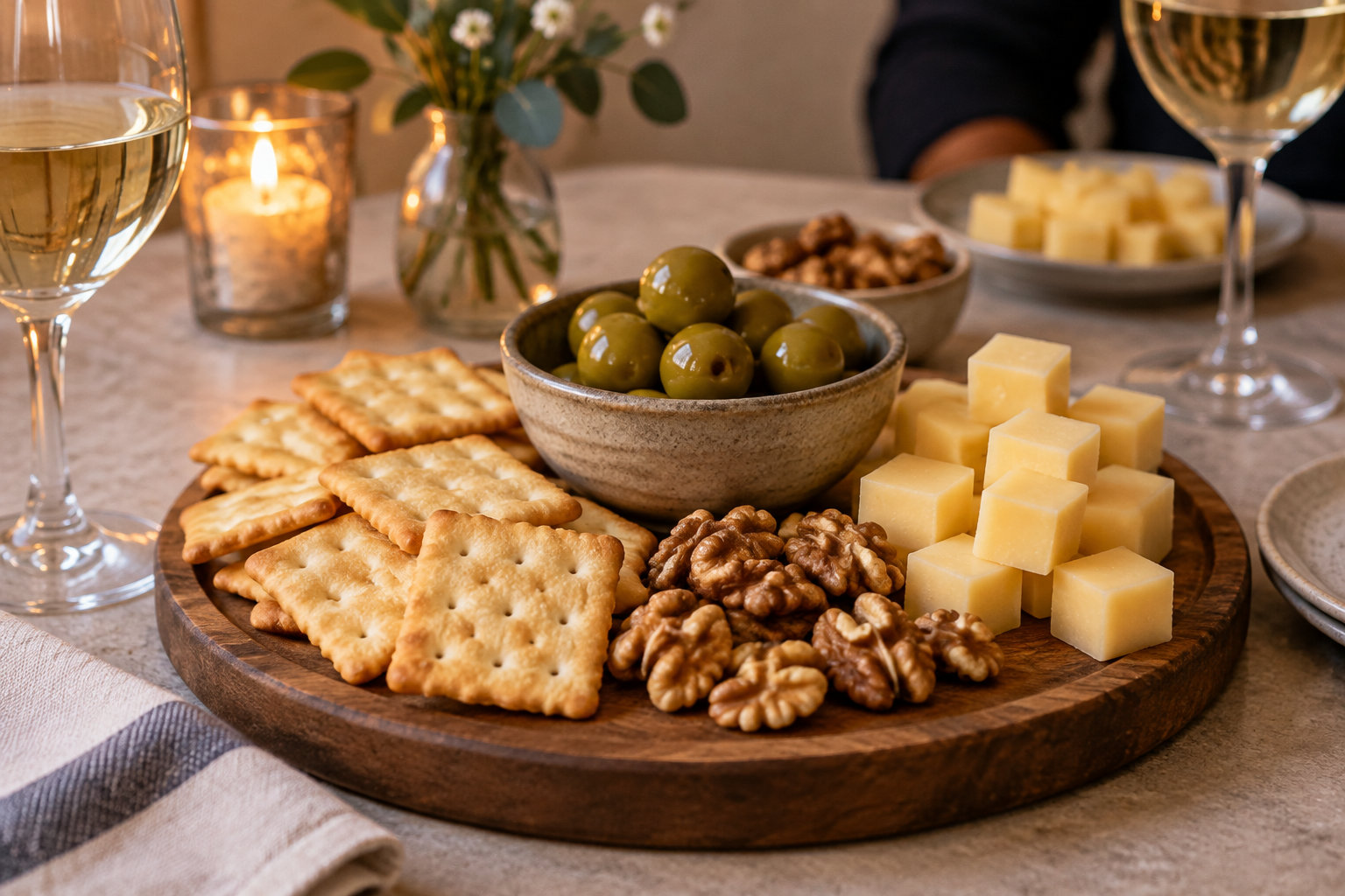 Un plateau en bois garni de cubes de fromage, de crackers, de noix et d’olives est posé sur une table avec des verres de vin et une bougie.