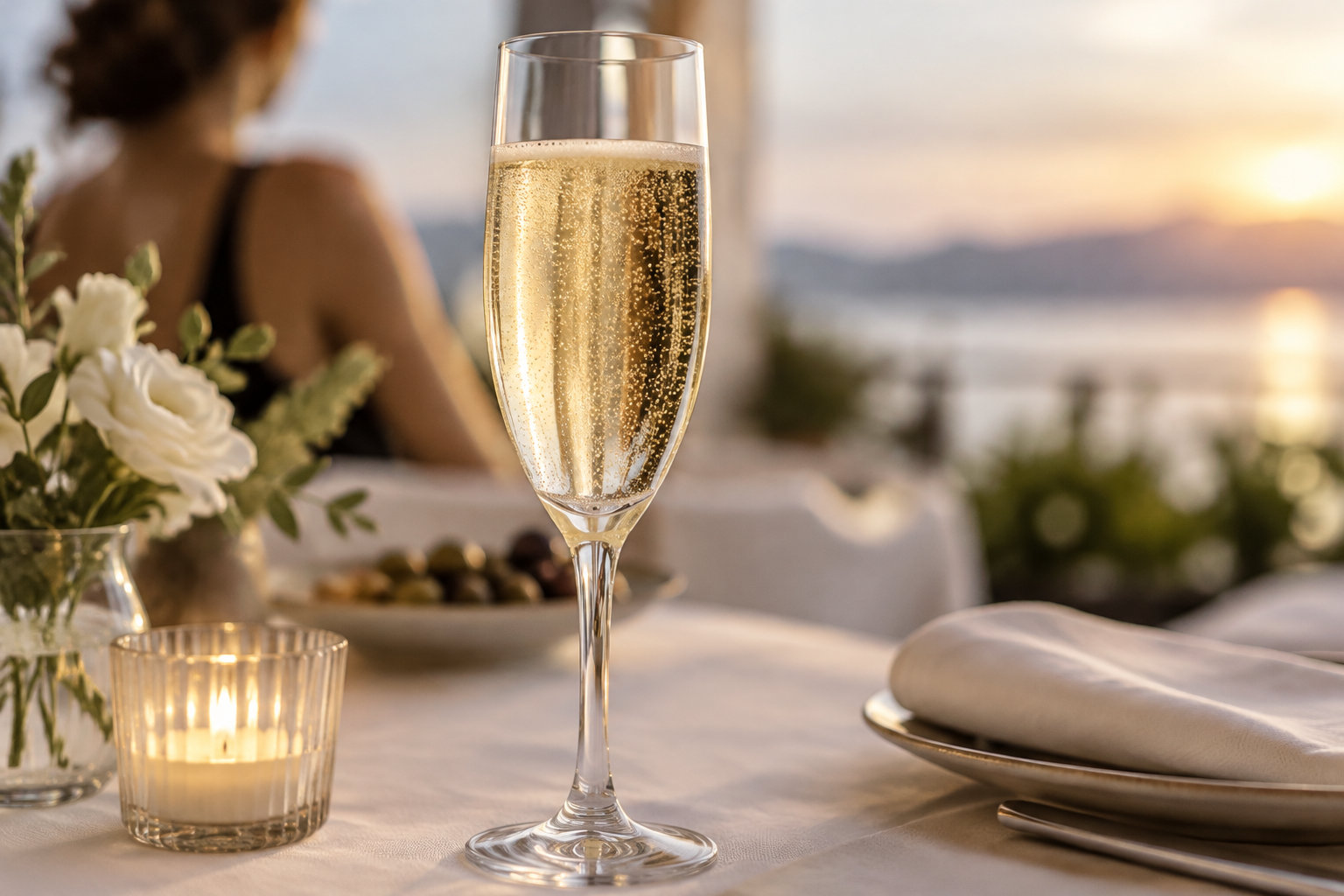 Une flûte de vin pétillant est posée sur une table dressée, avec des fleurs blanches, une bougie allumée et une assiette garnie d’une serviette, tandis qu’une personne est assise devant un paysage au coucher du soleil.