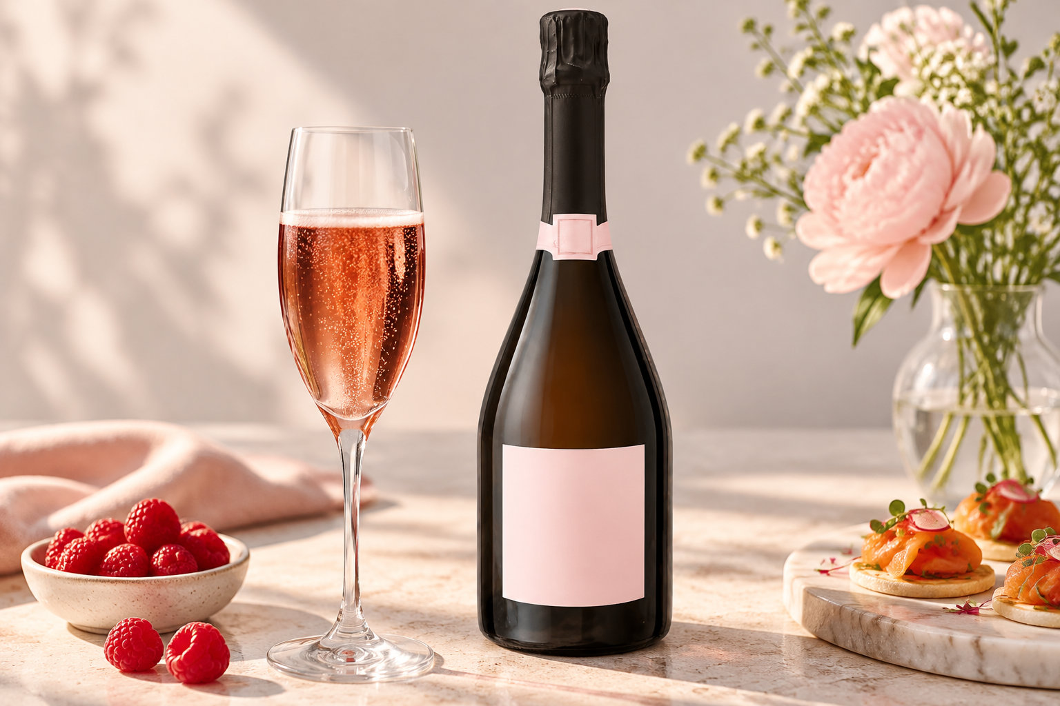 Une bouteille sombre et une flûte de vin pétillant rosé sont posées sur une table, entourées de framboises, de bouchées apéritives et d’un vase de fleurs.