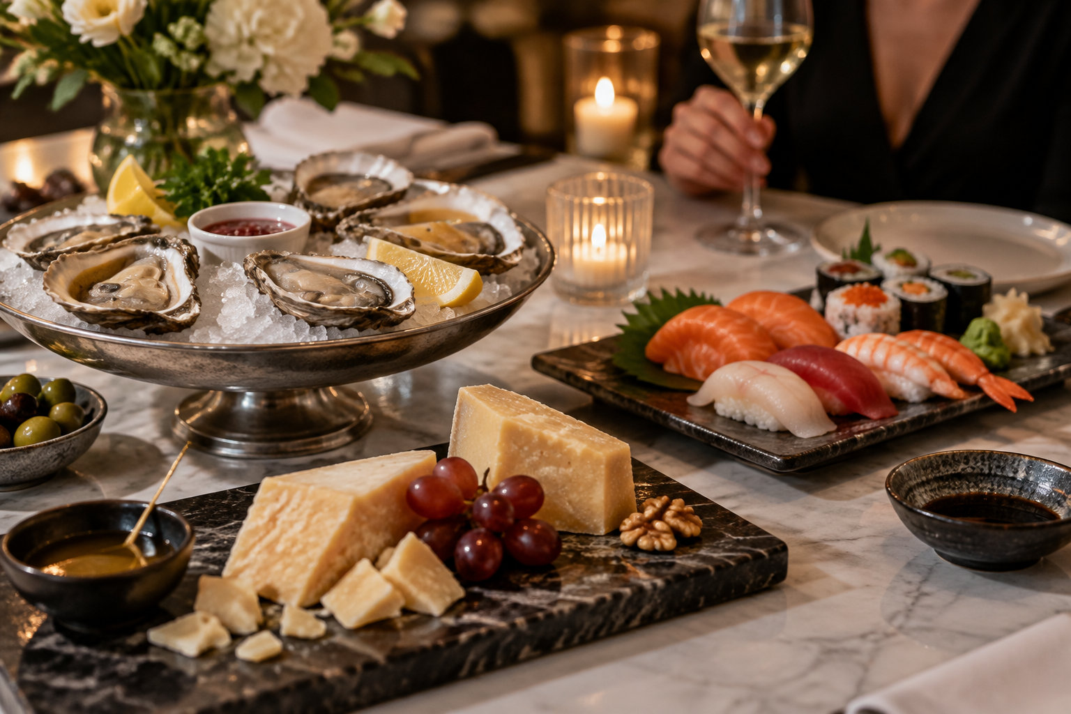 Une table dressée présente un plateau d’huîtres sur glace, des sushis, du fromage, des raisins et des noix, avec des bougies et un verre de vin.