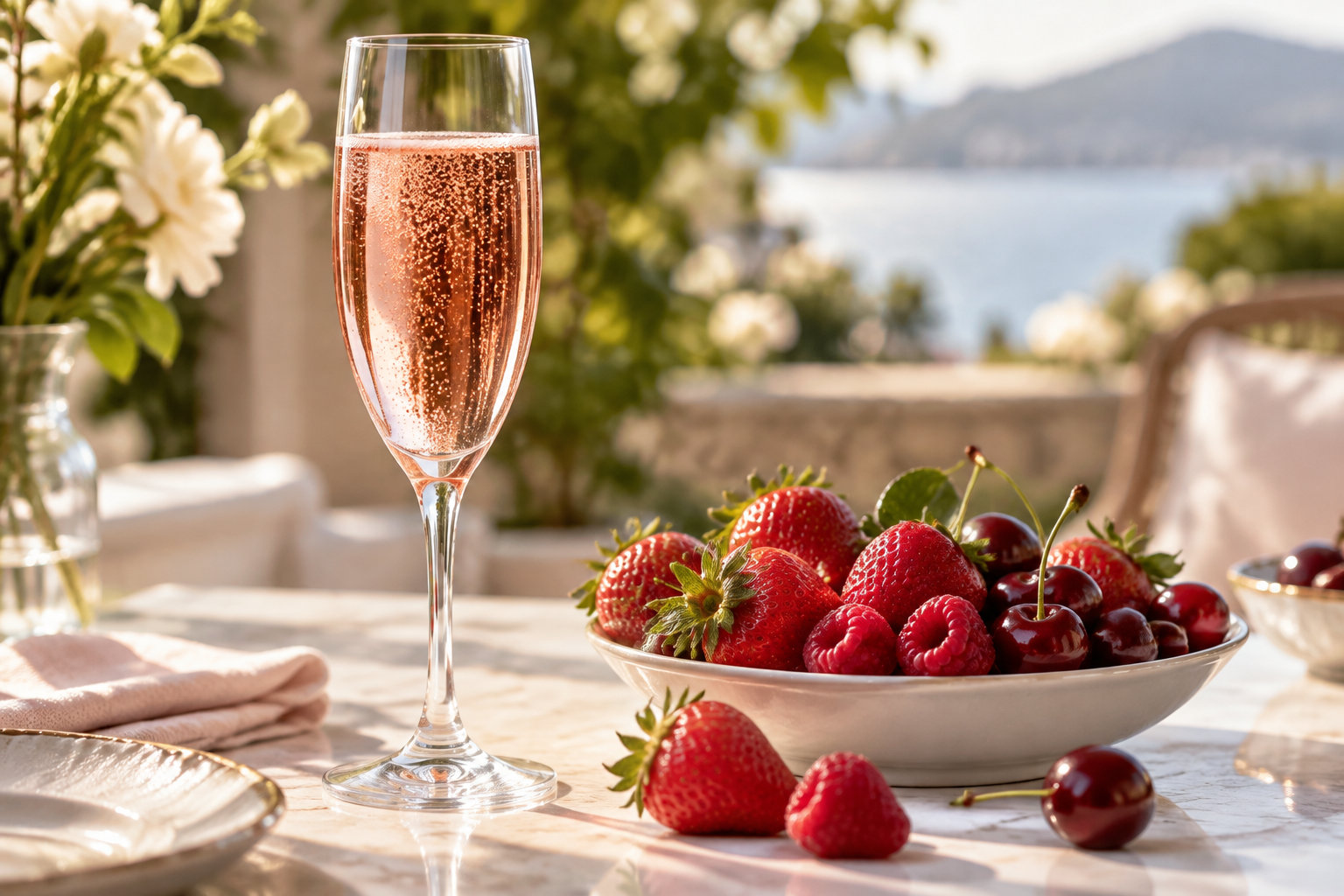 Une flûte de vin pétillant rosé et un bol de fraises, framboises et cerises sont posés sur une table ensoleillée.