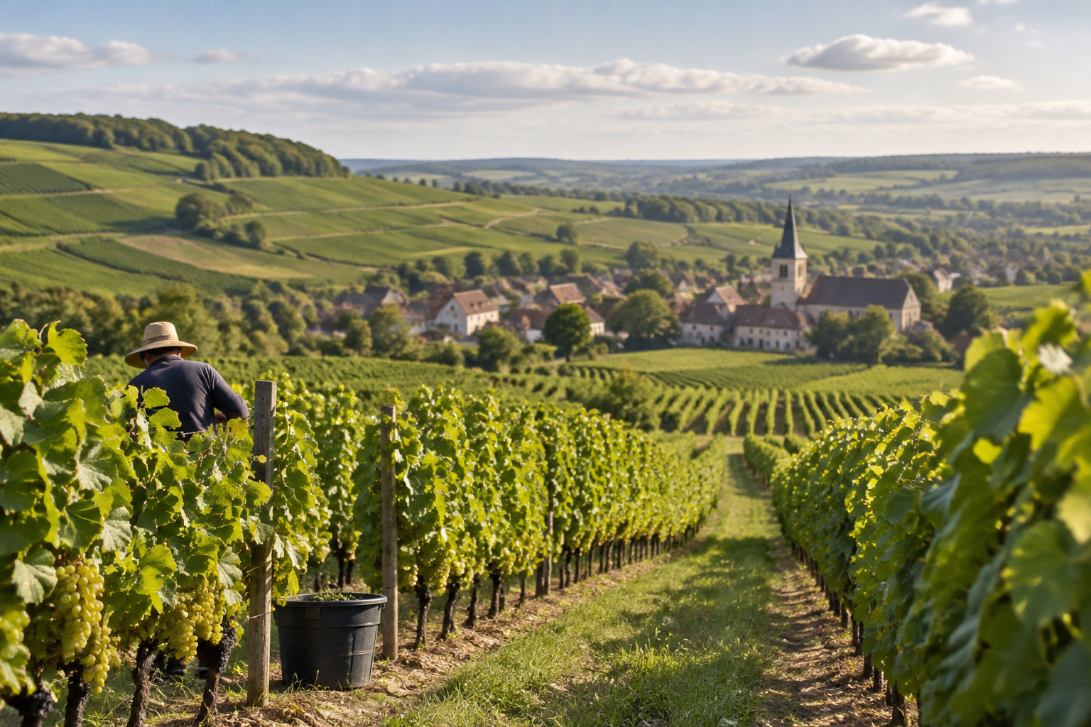 Un vendangeur portant un chapeau travaille dans un rang de vignes, avec un seau à proximité et un village entouré de vignobles en arrière-plan.