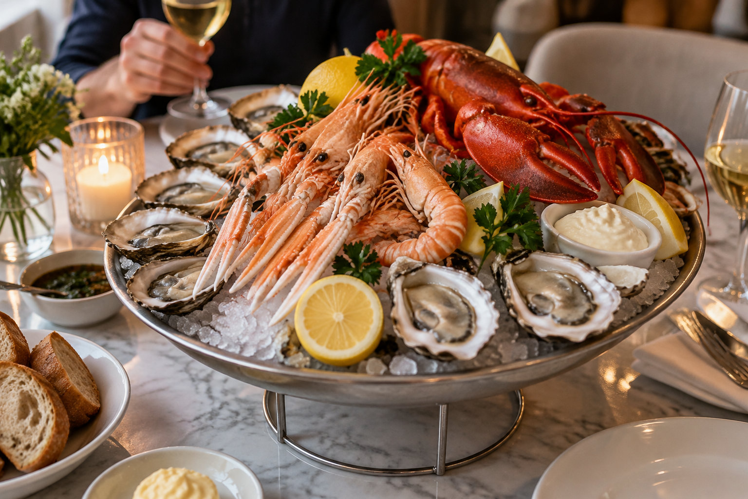 Un grand plateau de fruits de mer sur glace, garni d’huîtres, de langoustines, d’un homard, de citrons et de persil, est servi sur une table avec du pain et des verres de vin.