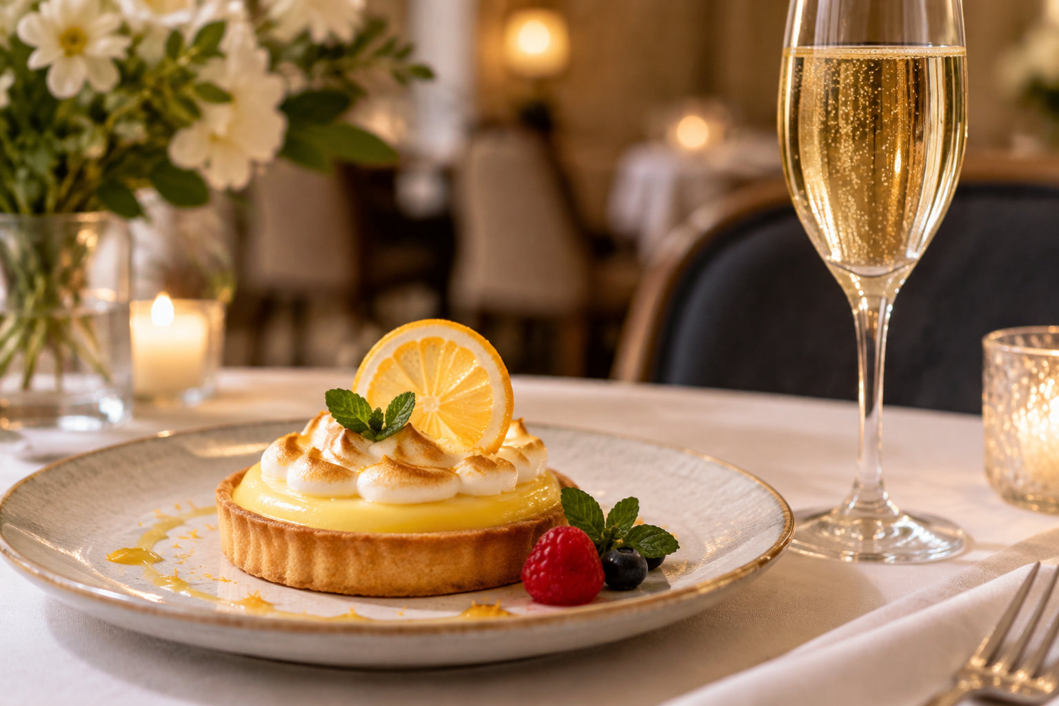 Une tarte au citron meringuée garnie de menthe, d’une tranche de citron et de fruits rouges est servie sur une assiette, à côté d’une flûte de vin pétillant.