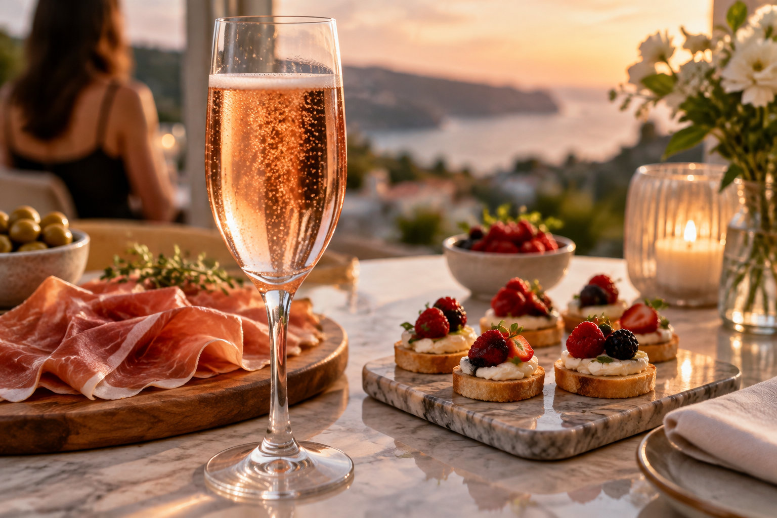 Une coupe de vin pétillant, du jambon cru, des olives et des tartines garnies de fruits rouges sont disposés sur une table au coucher du soleil, face à la mer.
