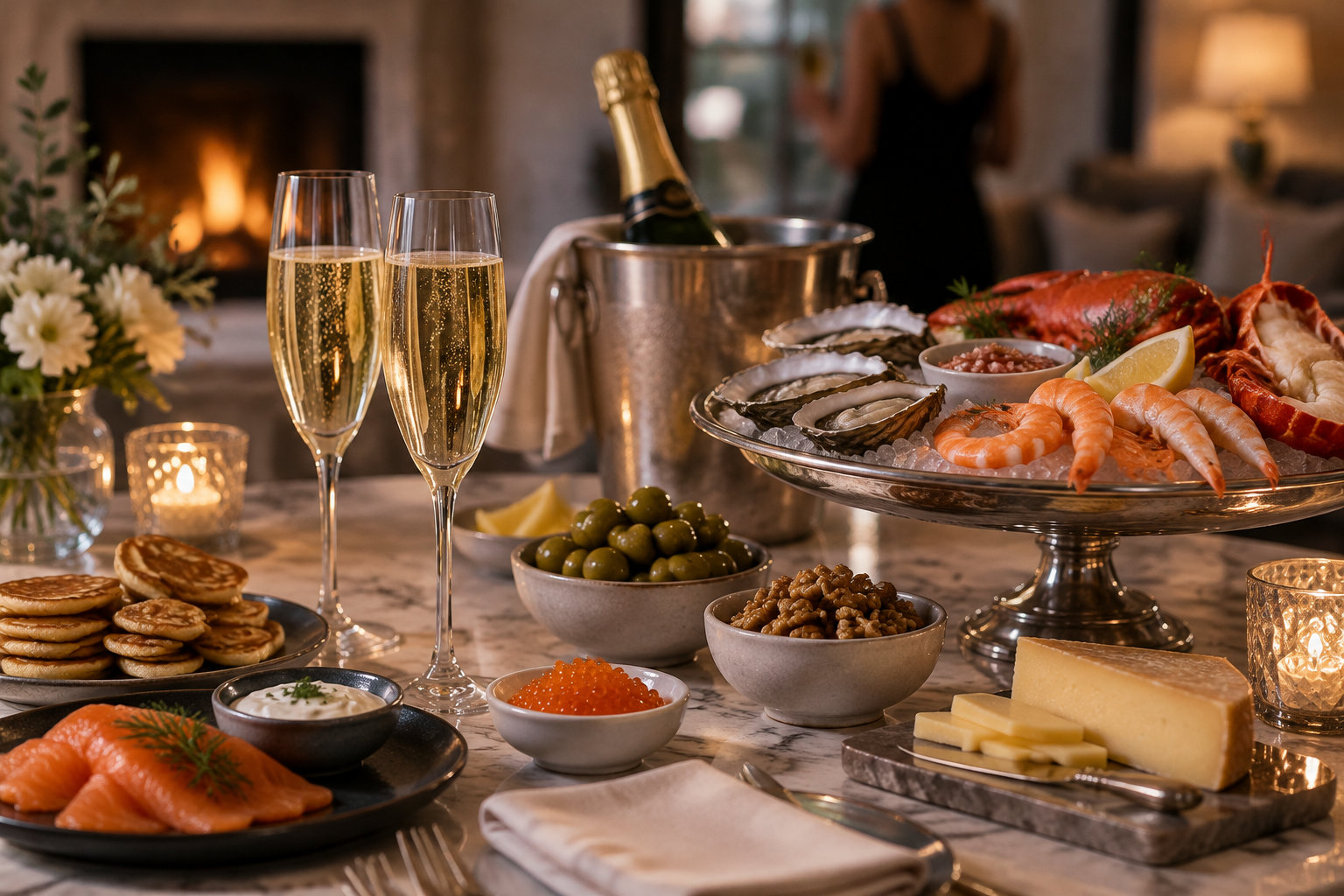 Une table dressée présente des fruits de mer, du saumon, du fromage, des olives, des blinis et deux flûtes de champagne dans une pièce éclairée à la bougie.