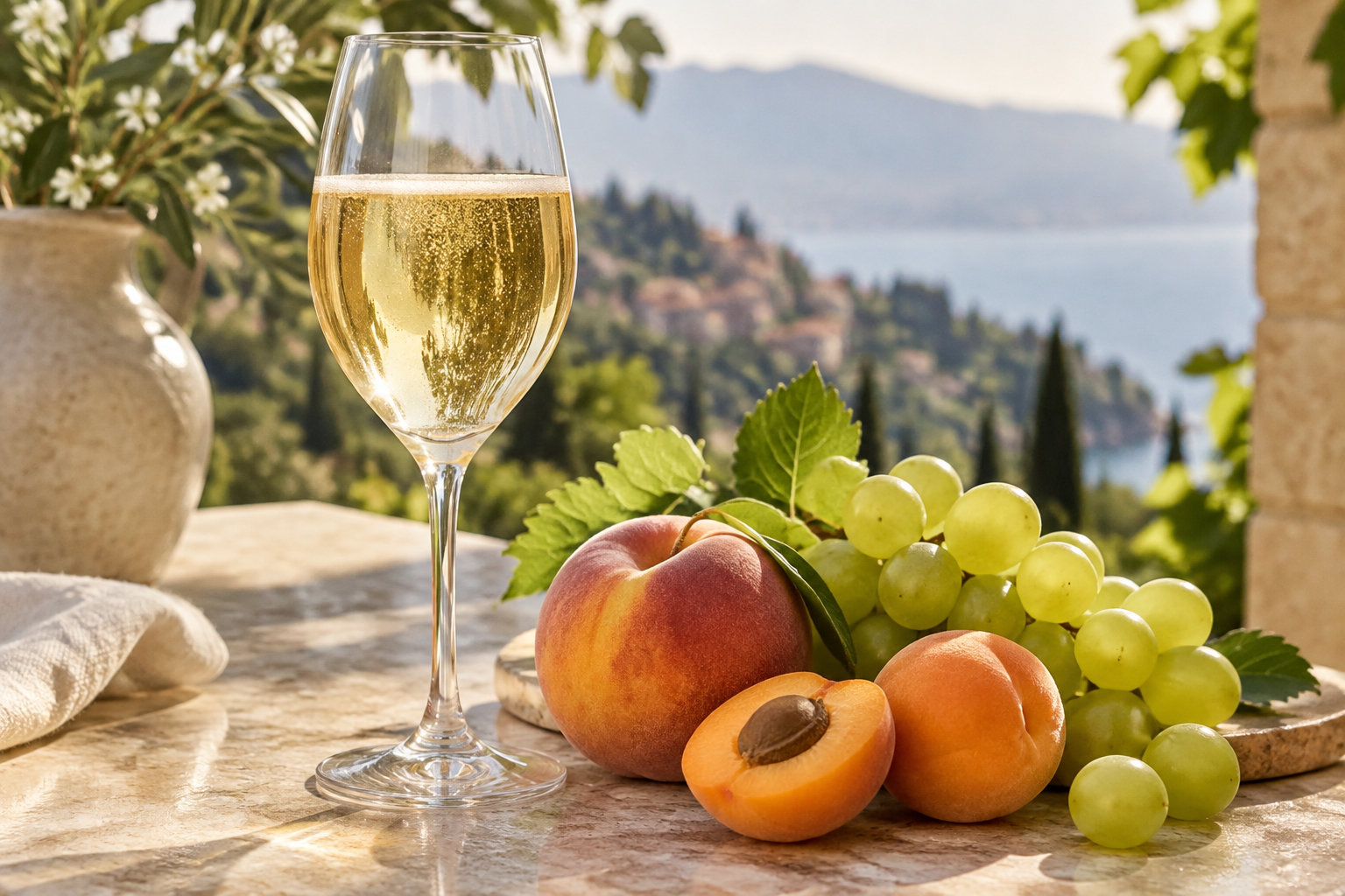 Un verre de vin blanc pétillant accompagne des pêches, des abricots et une grappe de raisin sur une table en pierre, avec un paysage de lac et de collines en arrière-plan.