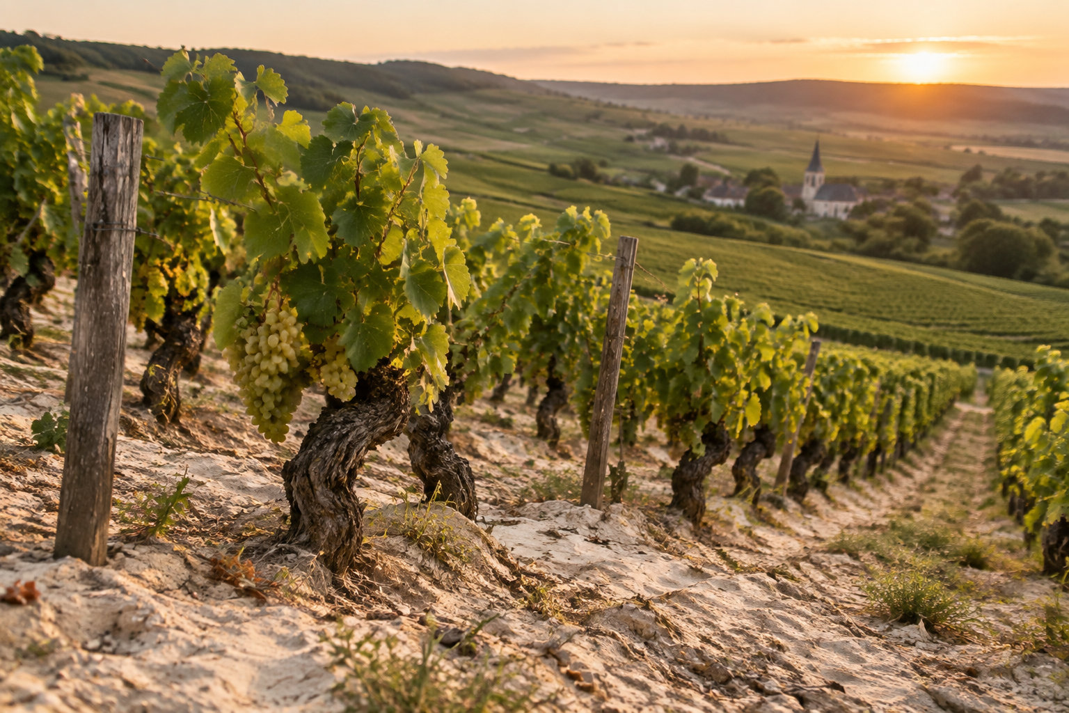 Des rangées de vignes chargées de raisins s’étendent sur un coteau au coucher du soleil, avec un village et une église à l’arrière-plan.