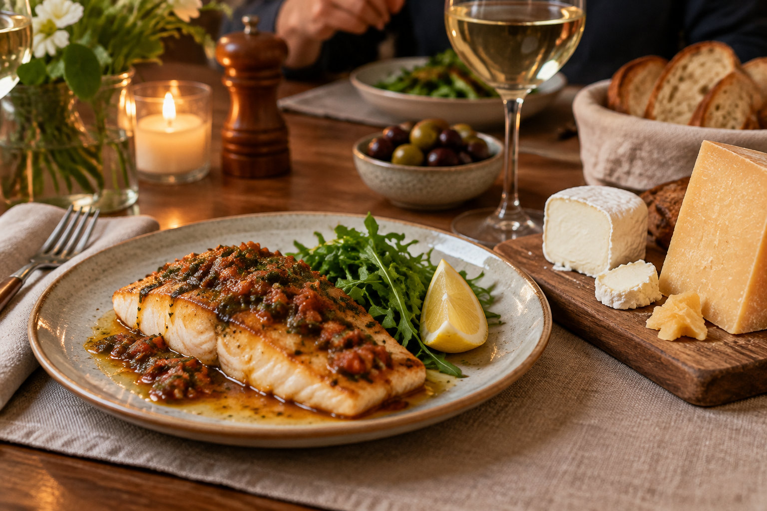 Un filet de poisson nappé de sauce, accompagné de roquette et d’un quartier de citron, est servi sur une table dressée avec du vin, du pain, des olives et du fromage.