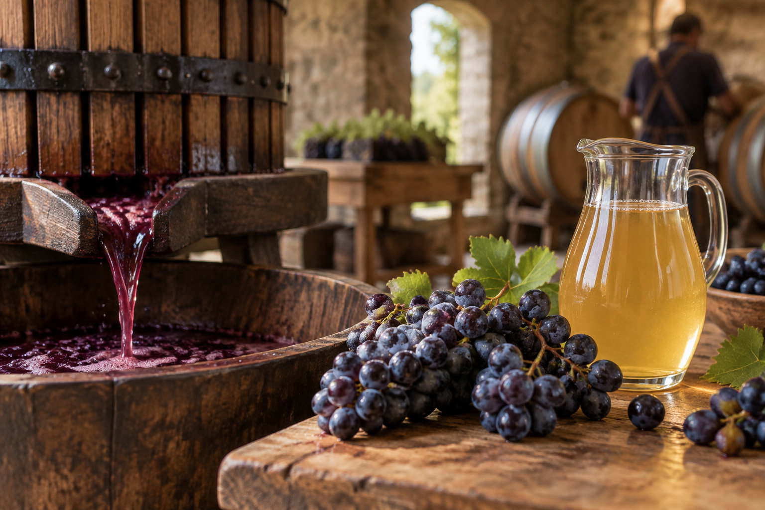 Une presse en bois laisse couler du jus de raisin dans une cuve, tandis qu’une grappe de raisin et une carafe de liquide doré sont posées sur une table en bois, dans un chai où se trouvent des tonneaux et un homme.
