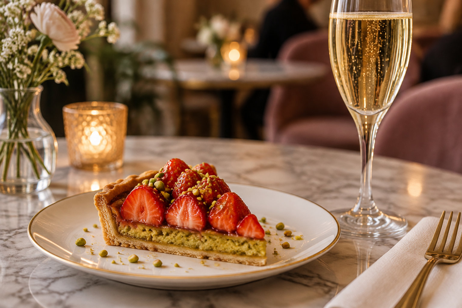 Une part de tarte aux fraises parsemée de pistaches est posée sur une assiette, près d’une flûte de vin pétillant, d’une bougie et d’un vase de fleurs.