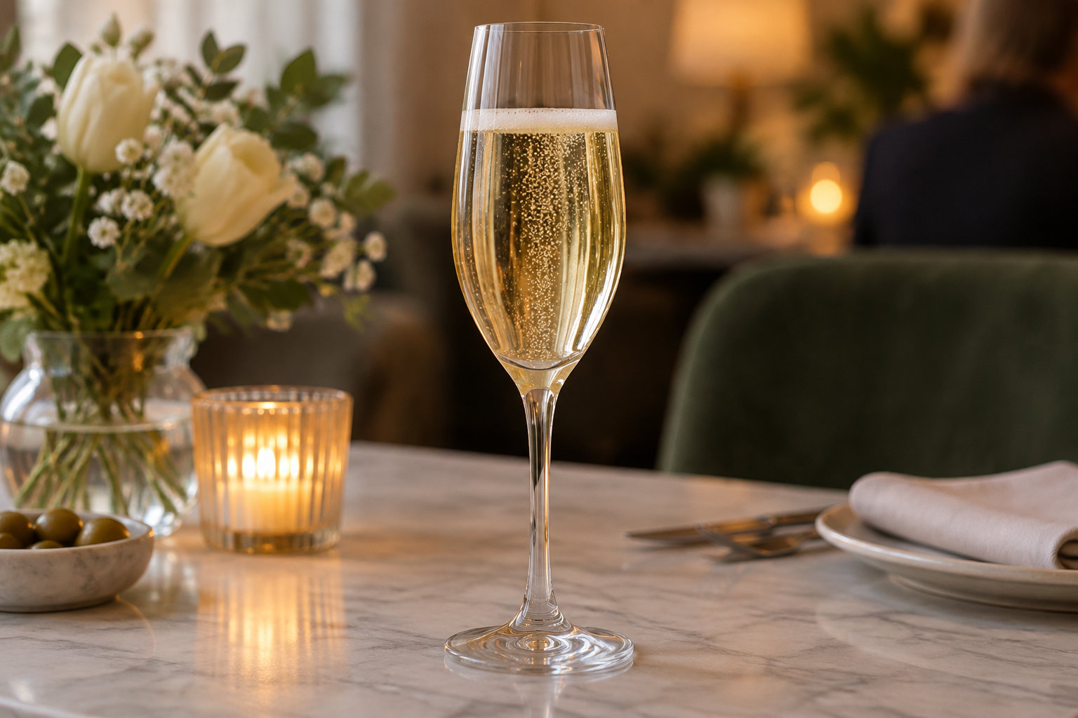 Une flûte de vin pétillant est posée sur une table dressée, avec des olives, un vase de fleurs et une bougie allumée.